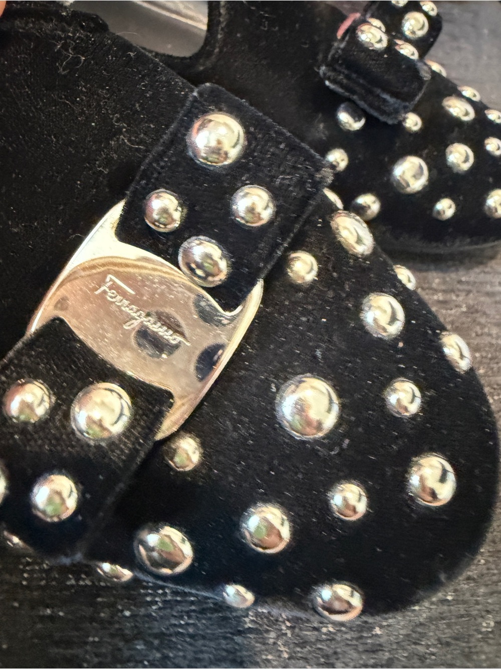 Salvatore Ferragamo Black Velvet Studded Bow Flats with Metallic Logo - Picture 6 of 9
